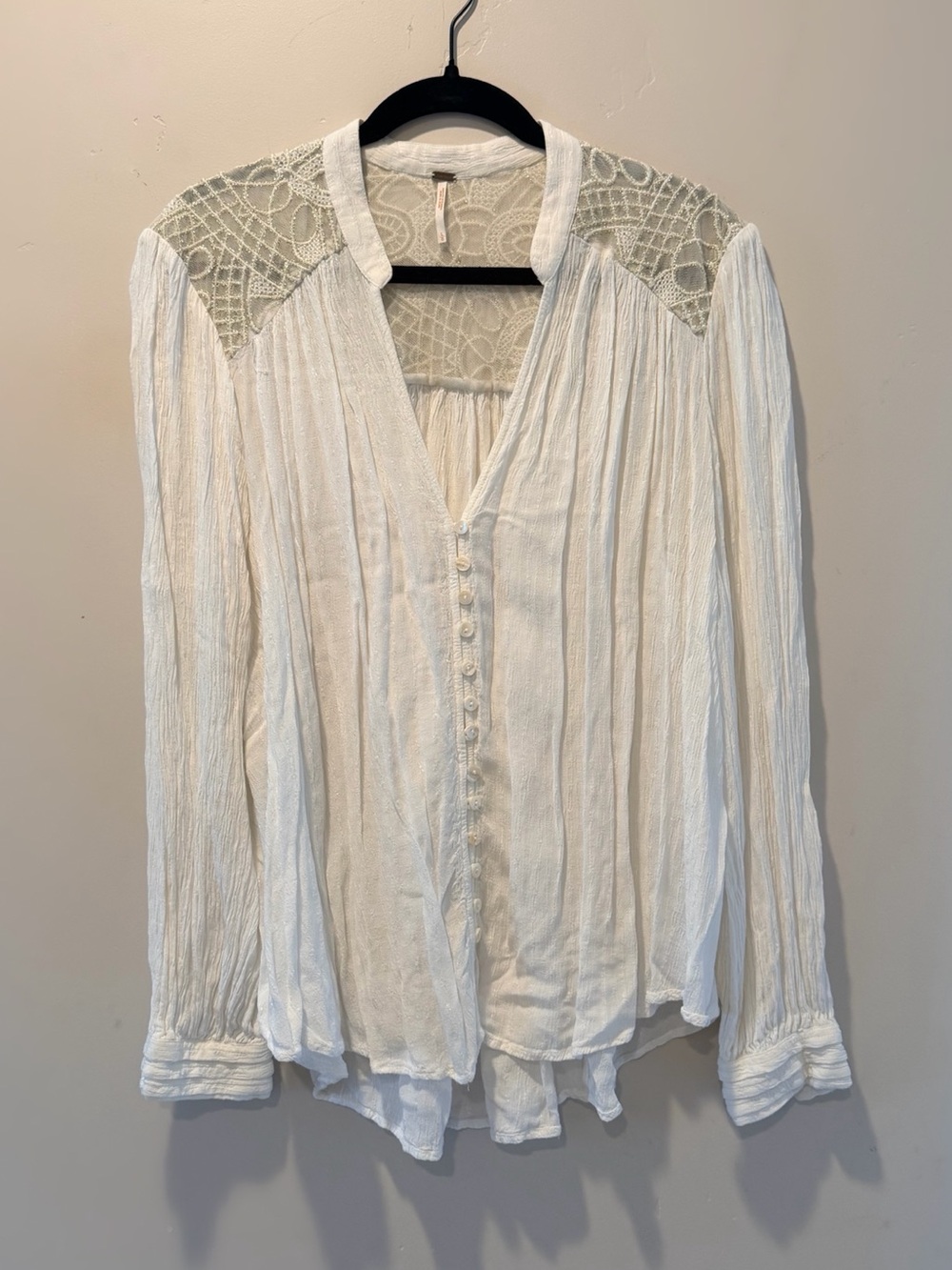 Free People Ivory Lace Yoke Button-Front Blouse
